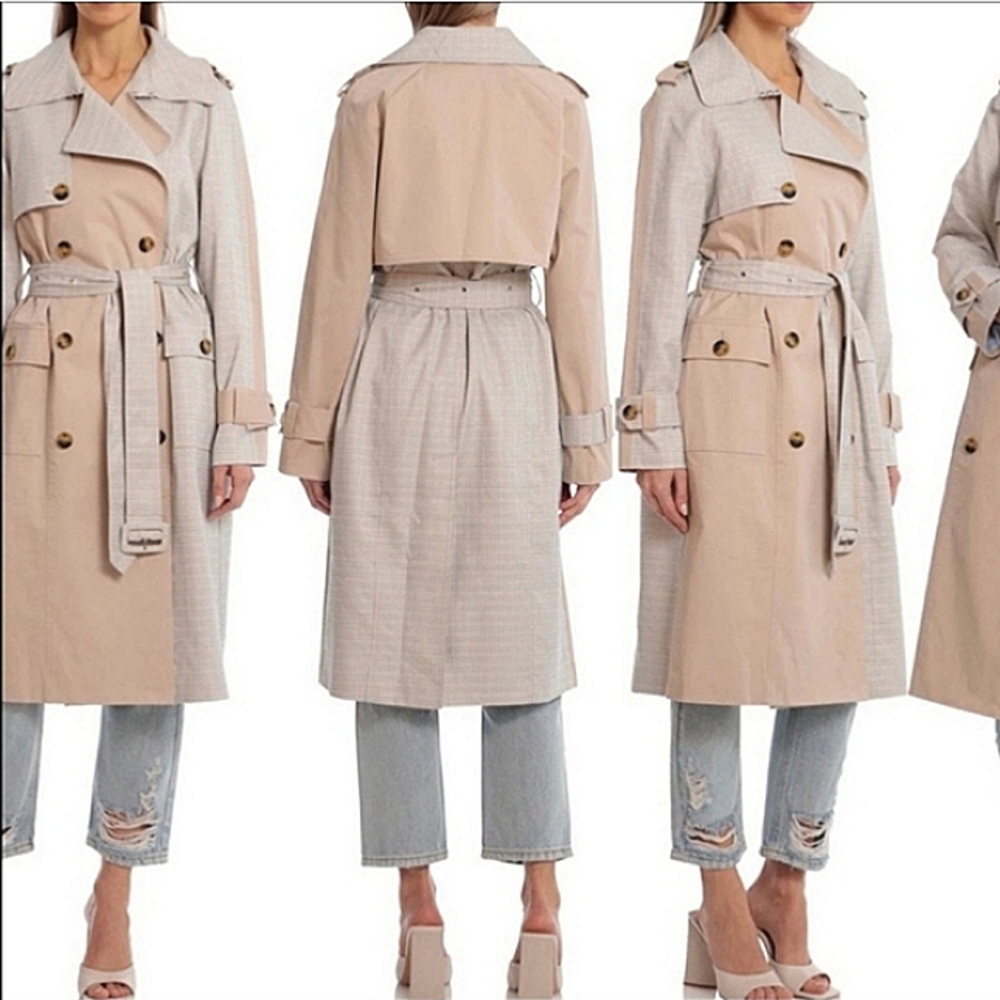 NWT AVEC LES FILLES Women's Mixed Media Plaid Cotton Trench Coat L - Picture 2 of 12